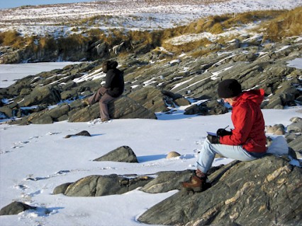 Sketching on the beach in winter